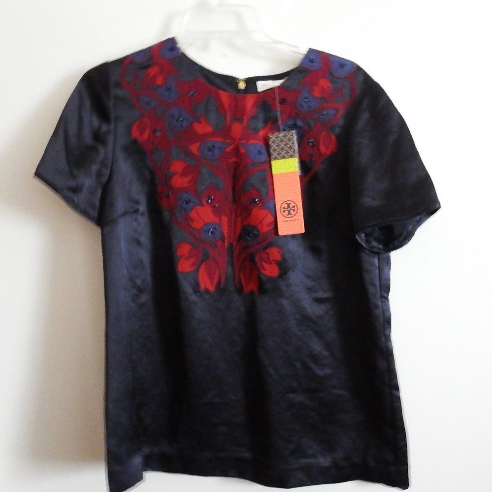 NWT Tory BurchWomens Navy Blue/Bordeaux Short Sleeve Tia Top Size 12